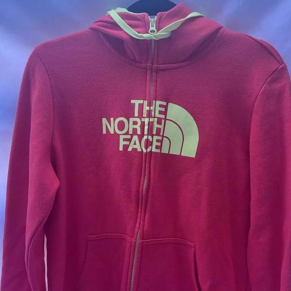 The North‎ Face Hoodie Womens Size L Orange Yellow Trim Full Zip Spell Out Logo